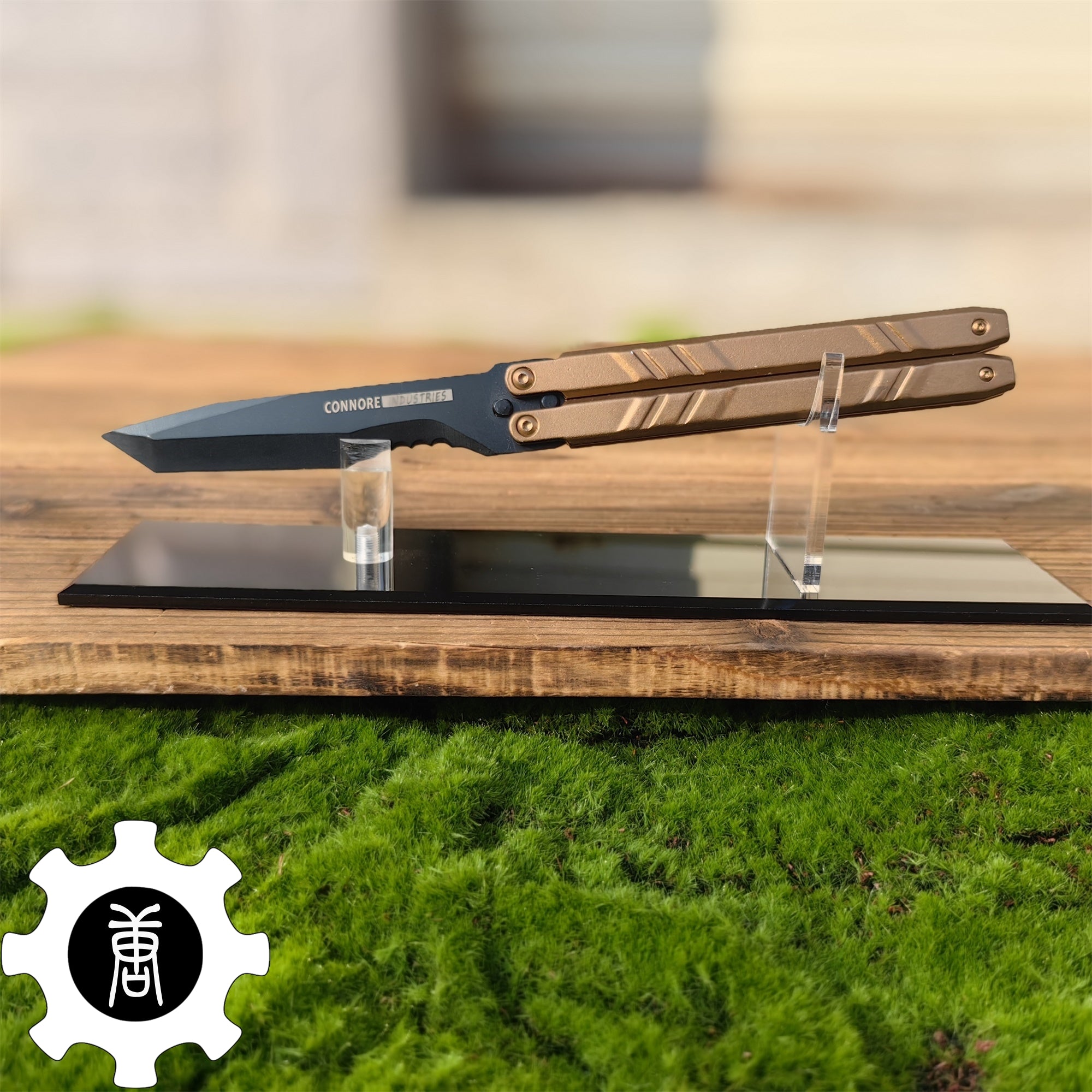IRL Recon Knife Blunt Blade BalisongTrainer Dark Golden&Acrylic Stand - Tophatter Daily Deals