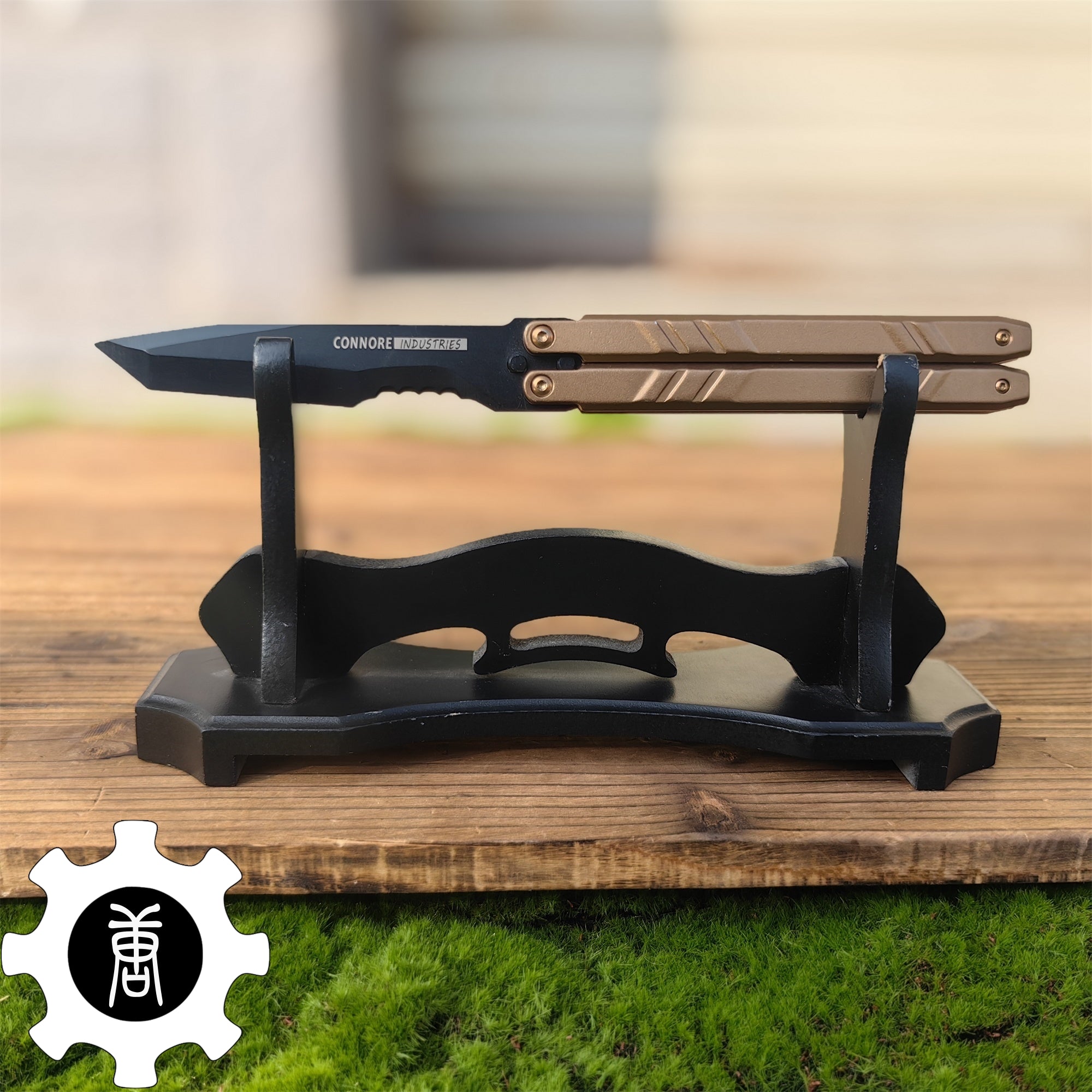 IRL Recon Knife Blunt Blade BalisongTrainer Dark Golden&Wooden Stand - Tophatter Daily Deals