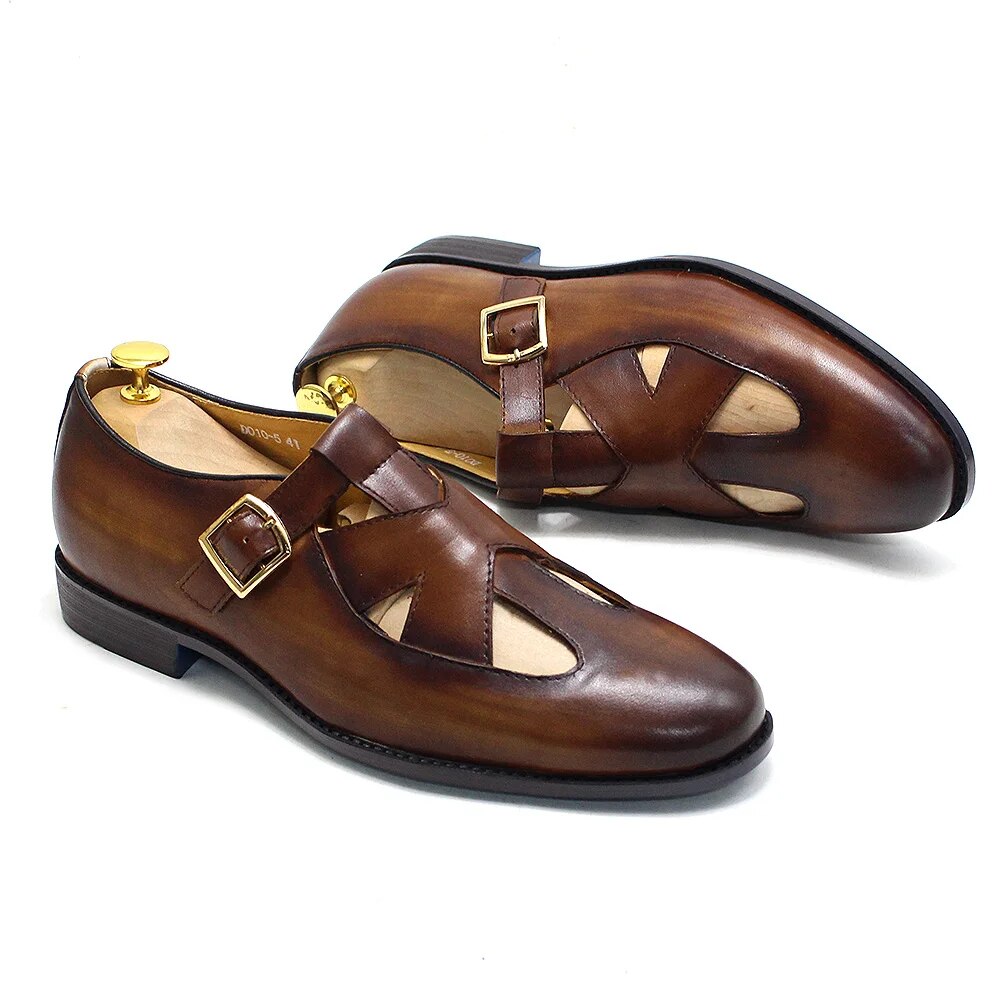 Retro Genuine Leather Roman Hollow Out Buckle Men Sandals Men Shoes - Tophatter Daily Deals