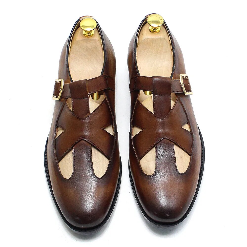 Retro Genuine Leather Roman Hollow Out Buckle Men Sandals Men Shoes - Tophatter Daily Deals