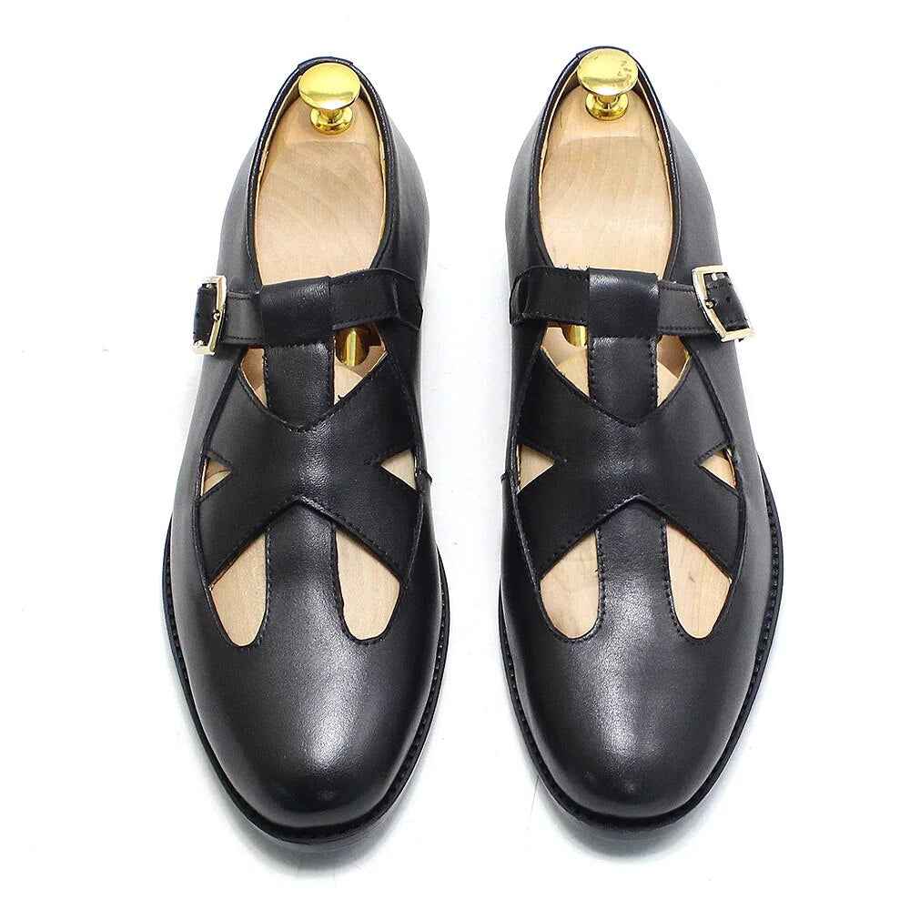 Retro Genuine Leather Roman Hollow Out Buckle Men Sandals Men Shoes - Tophatter Daily Deals