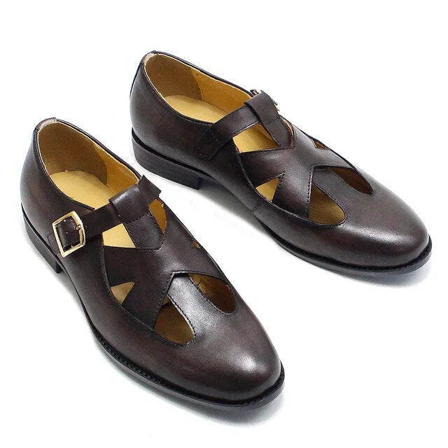 Retro Genuine Leather Roman Hollow Out Buckle Men Sandals Men Shoes - Tophatter Daily Deals