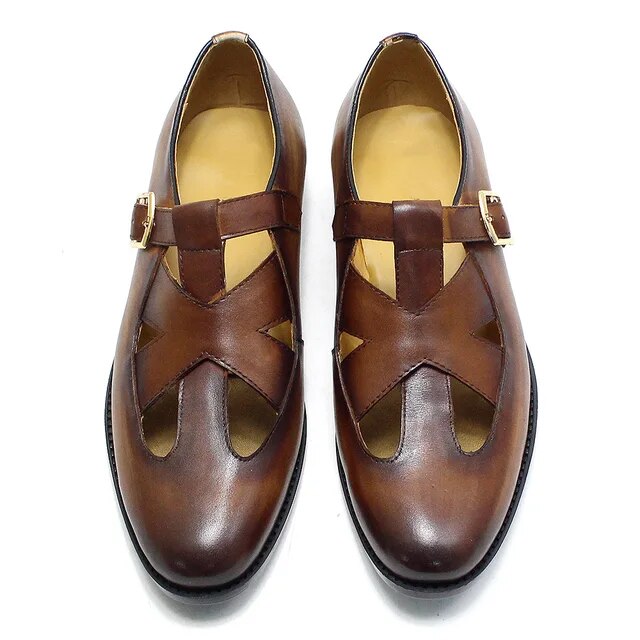 Retro Genuine Leather Roman Hollow Out Buckle Men Sandals Men Shoes - Tophatter Daily Deals