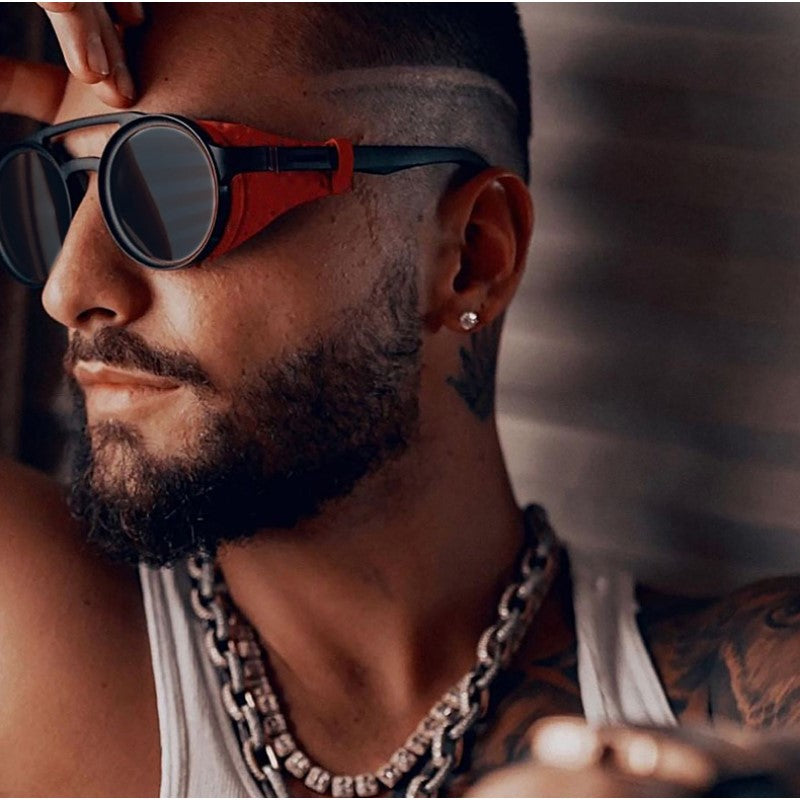 Retro Round Leather Glasses Steam Punk Outdoor Goggles UV400 Sunglasses - Tophatter Daily Deals