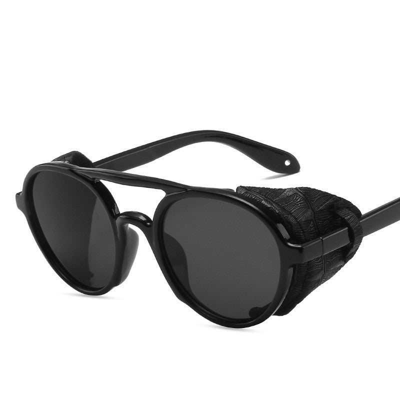Retro Round Leather Glasses Steam Punk Outdoor Goggles UV400 Black Gray Sunglasses - Tophatter Daily Deals