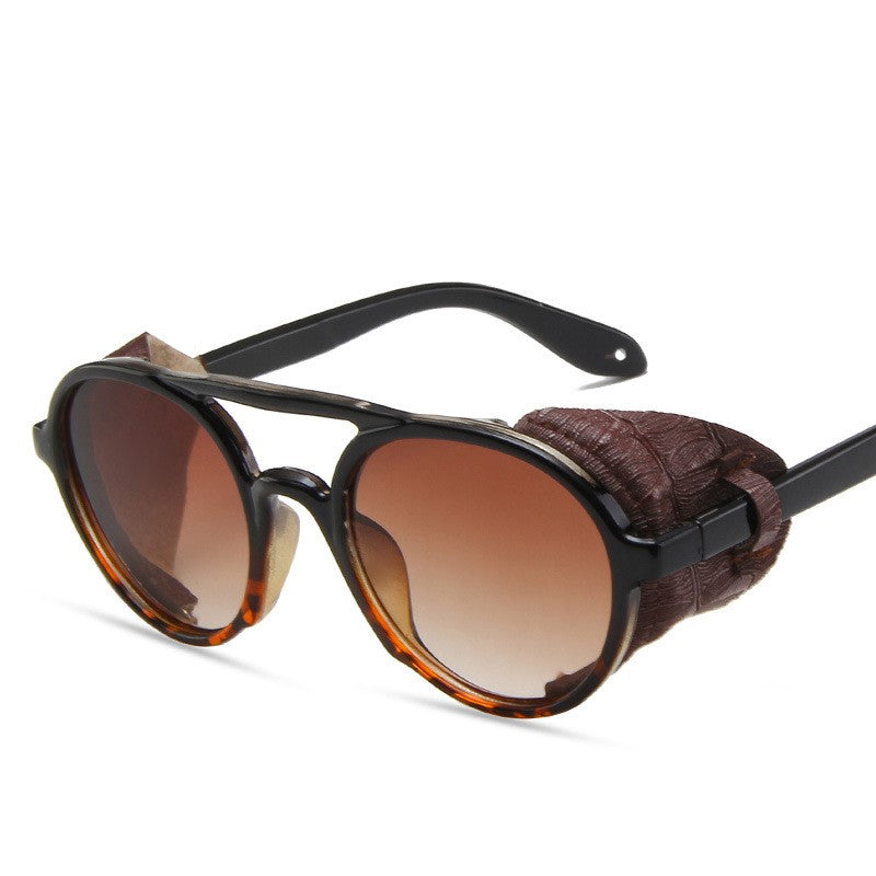 Retro Round Leather Glasses Steam Punk Outdoor Goggles UV400 Black Leopard Tea Sunglasses - Tophatter Daily Deals