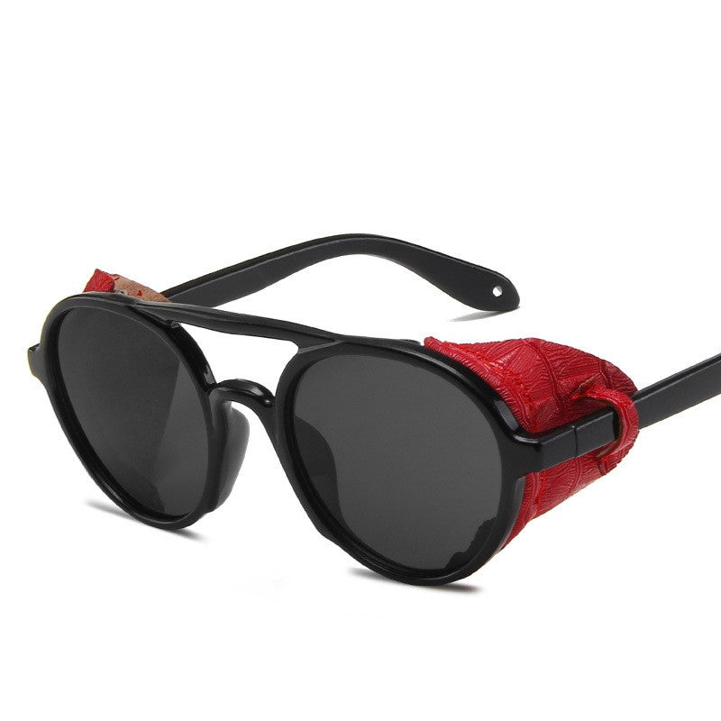 Retro Round Leather Glasses Steam Punk Outdoor Goggles UV400 Black Red Gray Sunglasses - Tophatter Daily Deals