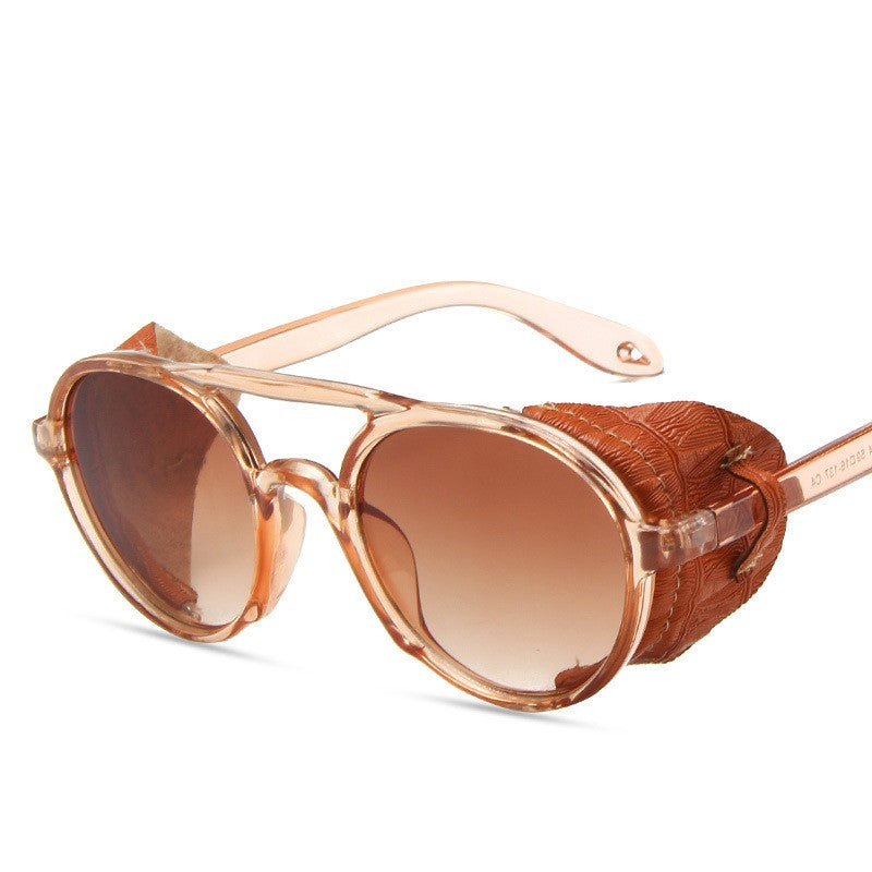 Retro Round Leather Glasses Steam Punk Outdoor Goggles UV400 Champagne Tea Sunglasses - Tophatter Daily Deals