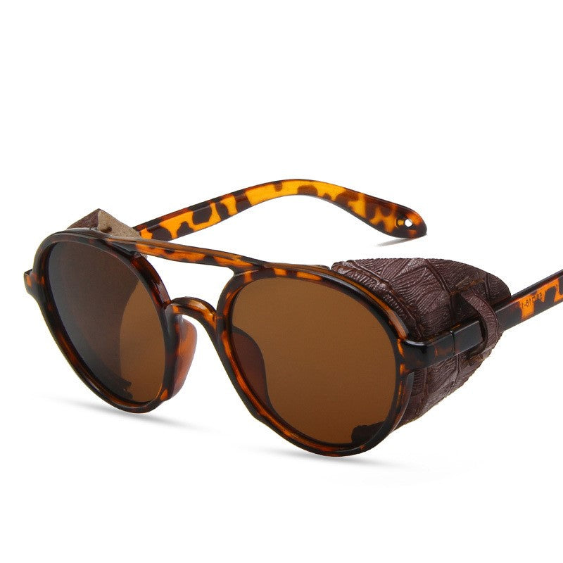 Retro Round Leather Glasses Steam Punk Outdoor Goggles UV400 Leopard Tea Tea Sunglasses - Tophatter Daily Deals