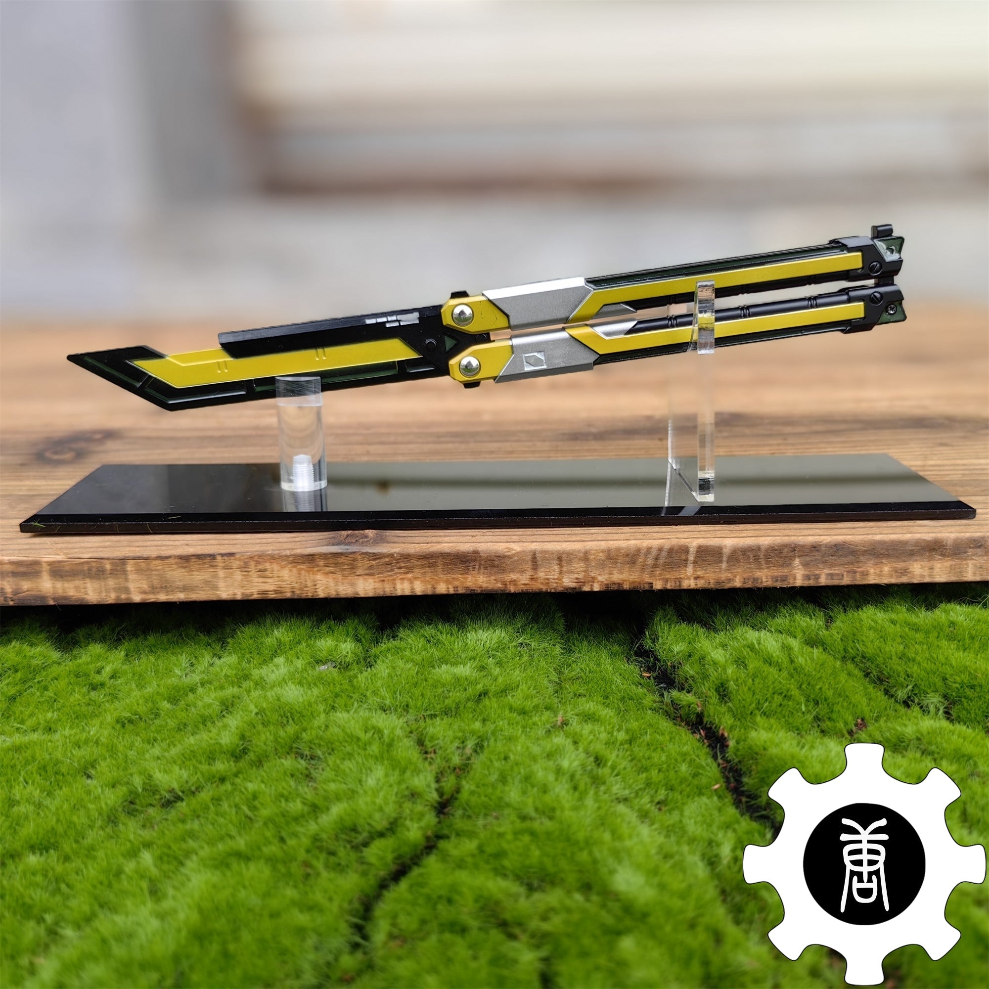 RGX Knife Metal Blunt Blade RGX Butterfly Knife Trainer Game Knife Replica Yellow & Acrylic Stand - Tophatter Daily Deals