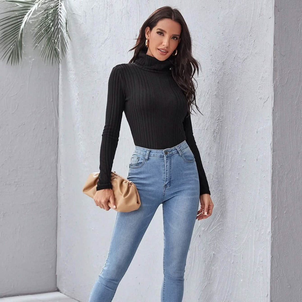 Rolled Neck Rib-knit Tee Women's Tops - Tophatter Daily Deals