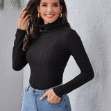 Rolled Neck Rib-knit Tee Women's Tops - Tophatter Daily Deals