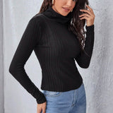 Rolled Neck Rib-knit Tee Women's Tops - Tophatter Daily Deals
