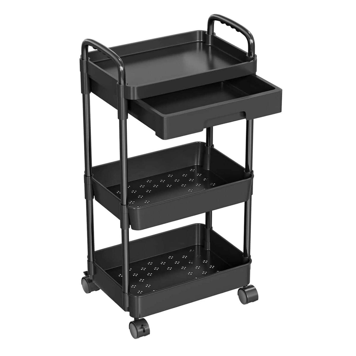Rolling Utility Cart with Drawer 3-Tier Black Kitchen Storage - Tophatter Daily Deals