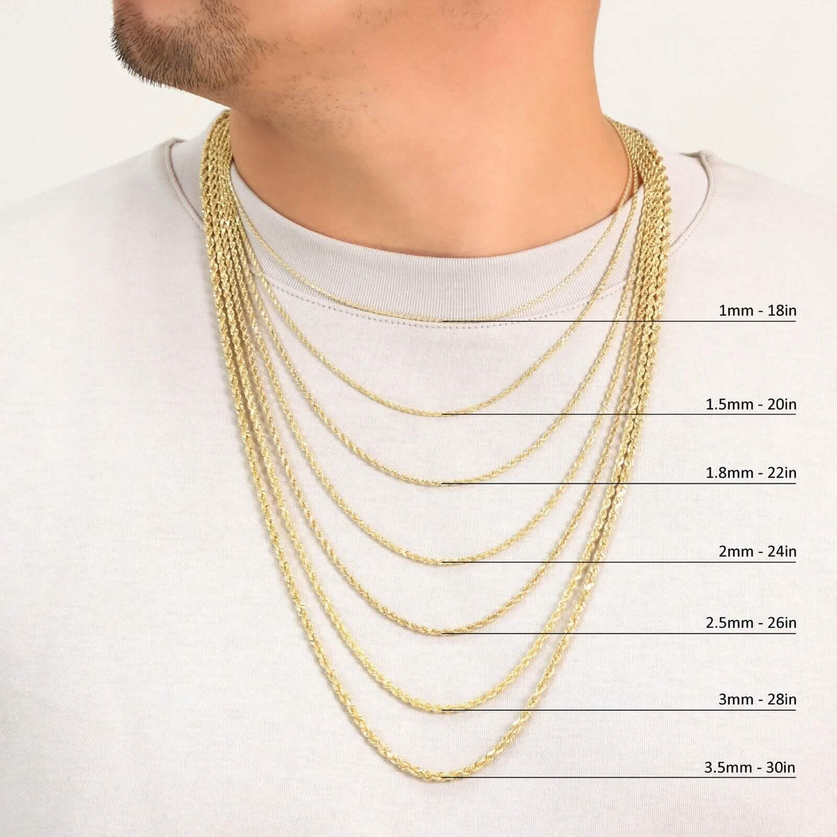 Rope Chain in Yellow Gold - 3mm Necklaces - Tophatter Daily Deals
