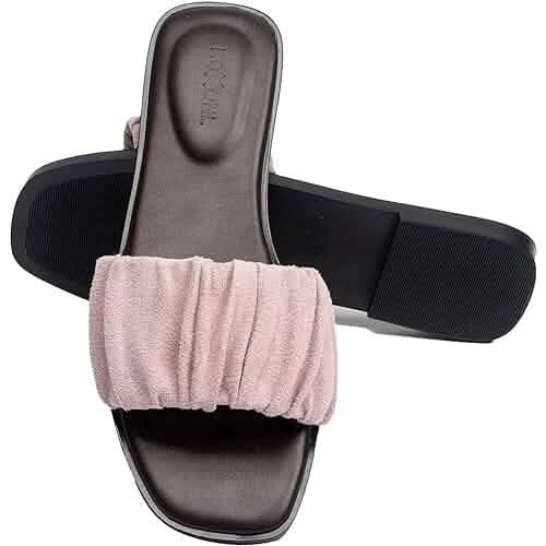 Roxoni Women's Ruched Fabric Slide Sandals Open Toe Flat Sandals with Heel Cushion Women's Shoes - Tophatter Daily Deals