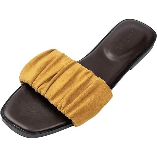 Roxoni Women's Ruched Fabric Slide Sandals Open Toe Flat Sandals with Heel Cushion Yellow Women's Shoes - Tophatter Daily Deals