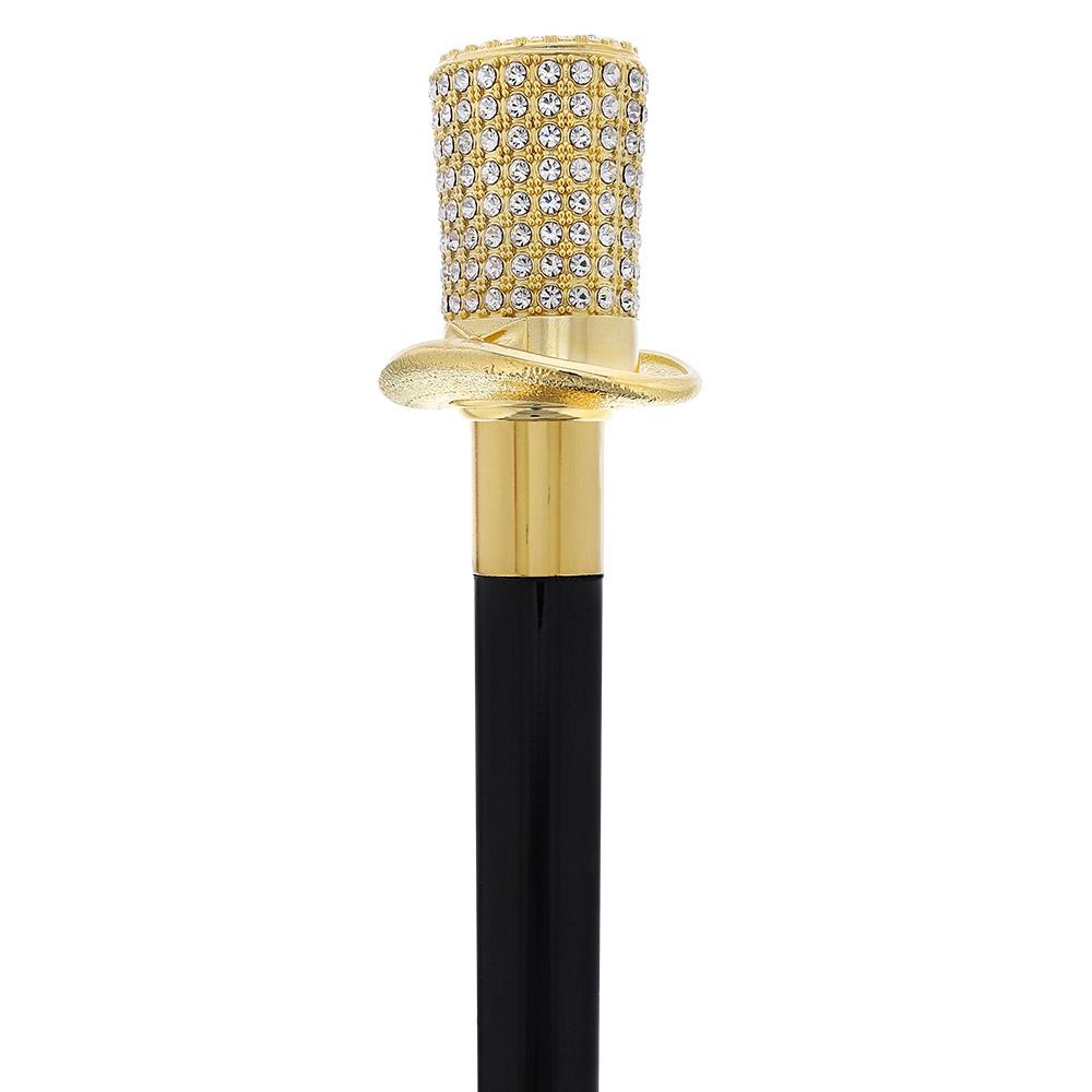 Gold Plated Top Hat with Swarovski Crystals w/ Black Beechwood Shaft and Gold collar Alpaca Silver Walking Sticks - Tophatter Daily Deals