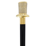 Gold Plated Top Hat with Swarovski Crystals w/ Black Beechwood Shaft and Gold collar Alpaca Silver Walking Sticks - Tophatter Daily Deals