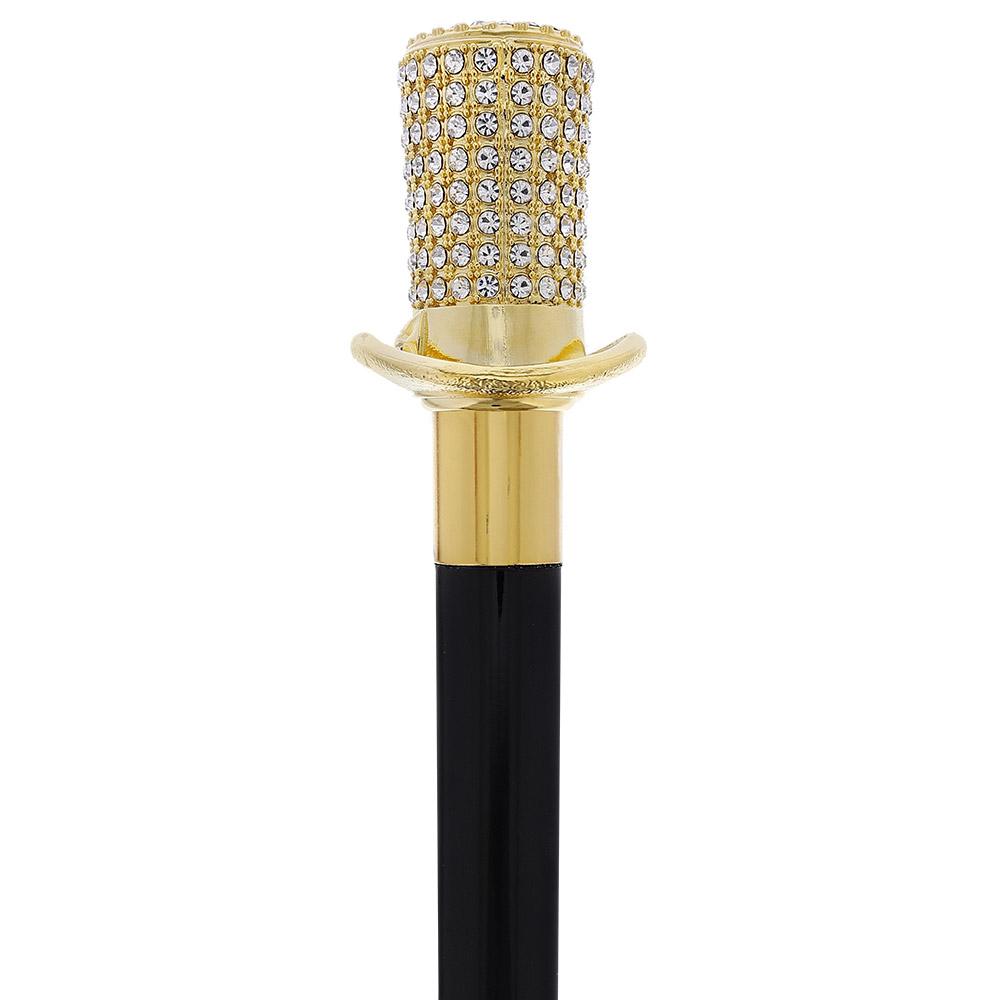 Gold Plated Top Hat with Swarovski Crystals w/ Black Beechwood Shaft and Gold collar Alpaca Silver Walking Sticks - Tophatter Daily Deals