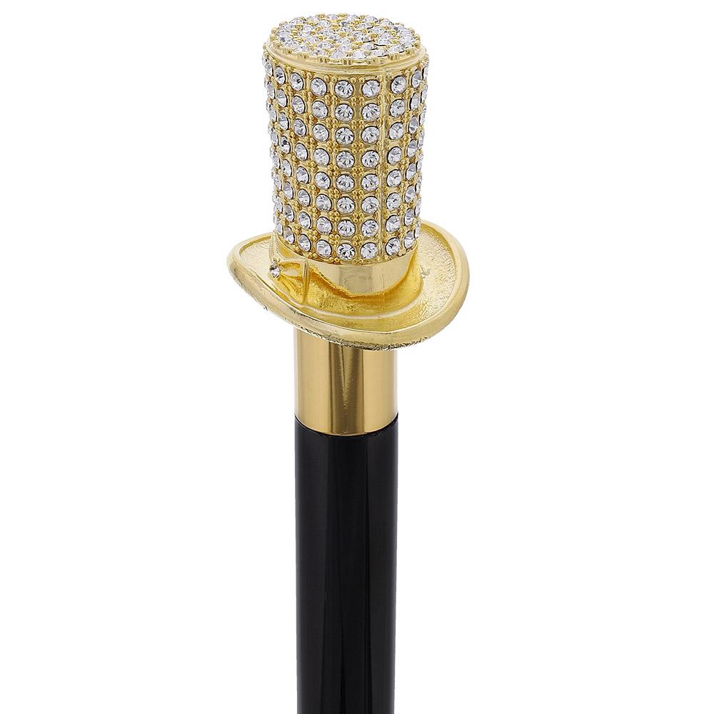 Gold Plated Top Hat with Swarovski Crystals w/ Black Beechwood Shaft and Gold collar Alpaca Silver Walking Sticks - Tophatter Daily Deals