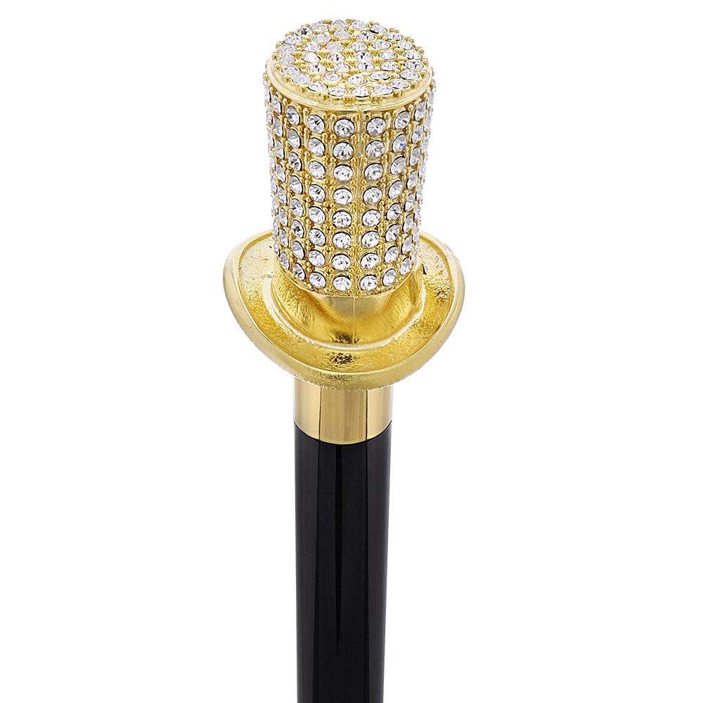 Gold Plated Top Hat with Swarovski Crystals w/ Black Beechwood Shaft and Gold collar Alpaca Silver Walking Sticks - Tophatter Daily Deals