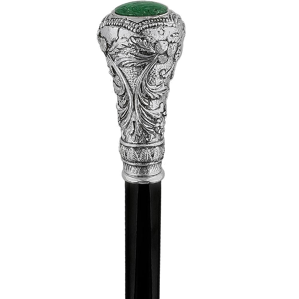Silver 925r Knob Handle Walking Cane w/ Black Beechwood Shaft and Green Stone Pillbox Alpaca Silver Walking Sticks - Tophatter Daily Deals