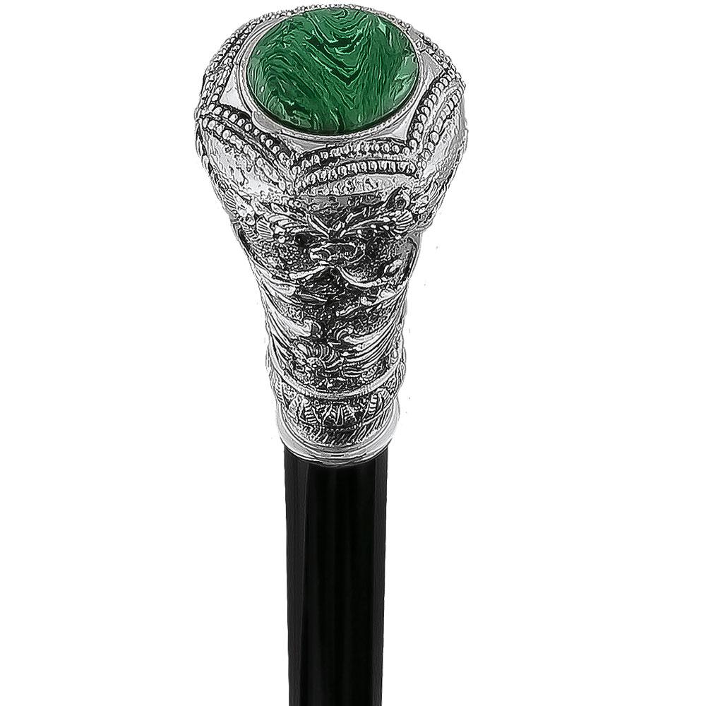 Silver 925r Knob Handle Walking Cane w/ Black Beechwood Shaft and Green Stone Pillbox Alpaca Silver Walking Sticks - Tophatter Daily Deals