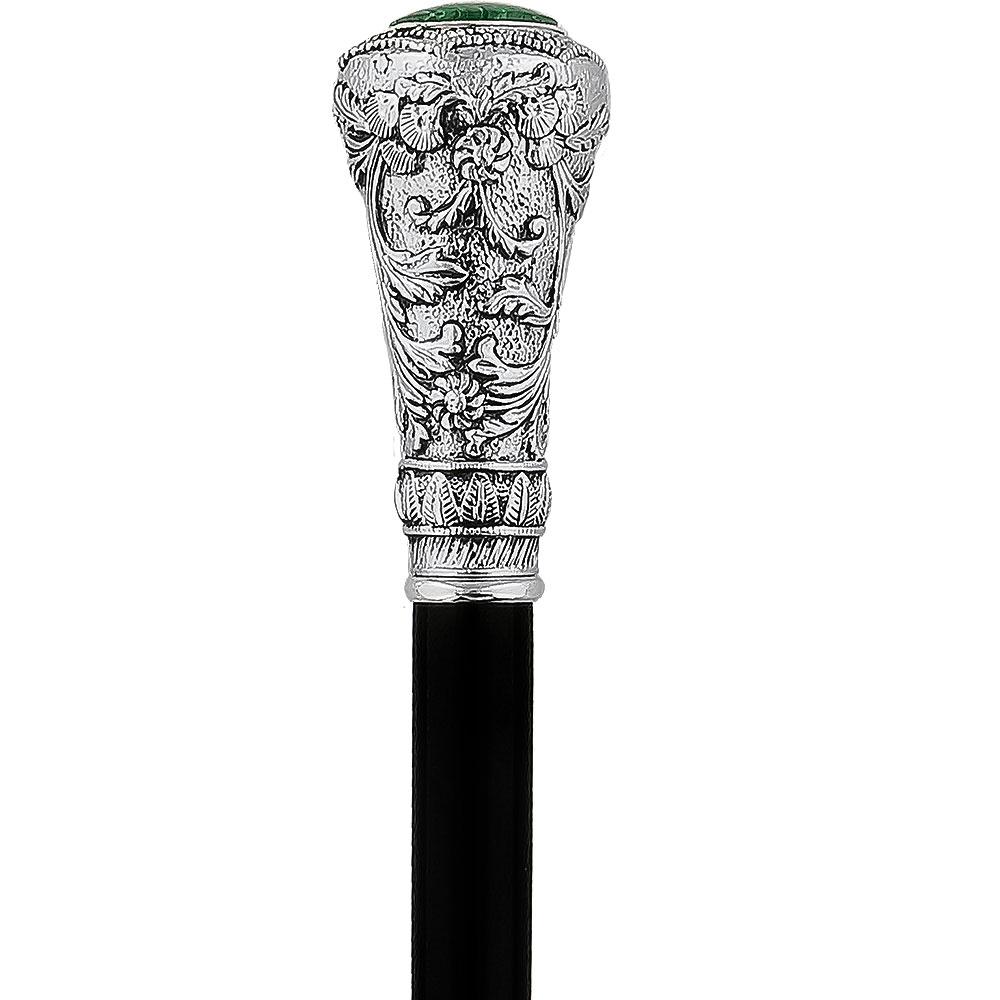 Silver 925r Knob Handle Walking Cane w/ Black Beechwood Shaft and Green Stone Pillbox Alpaca Silver Walking Sticks - Tophatter Daily Deals