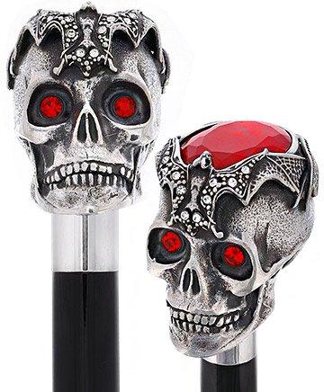 Silver 925r Ruby Red Skull and Bats Walking Cane w/ Black Beechwood Shaft Alpaca Silver Walking Sticks - Tophatter Daily Deals