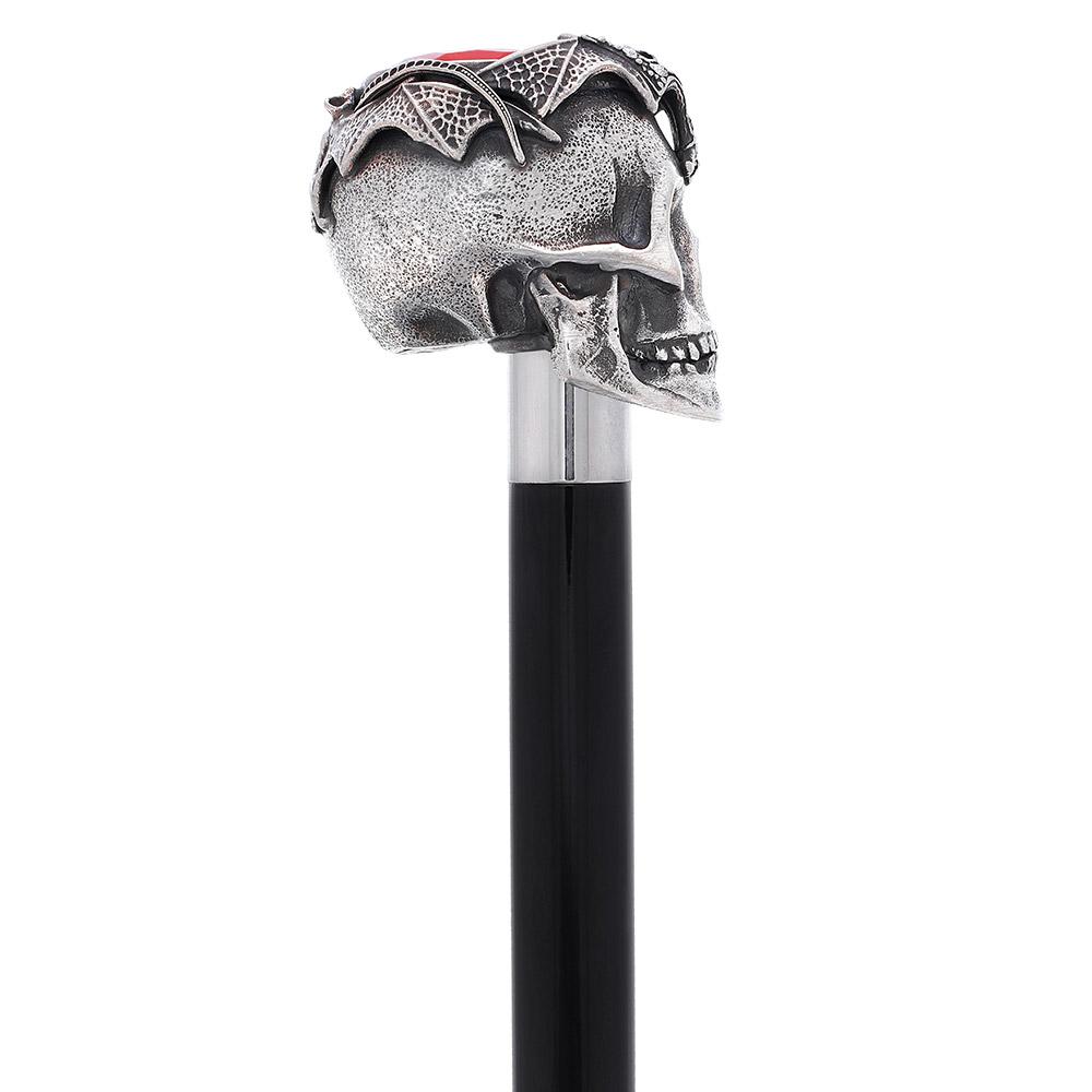 Silver 925r Ruby Red Skull and Bats Walking Cane w/ Black Beechwood Shaft Alpaca Silver Walking Sticks - Tophatter Daily Deals