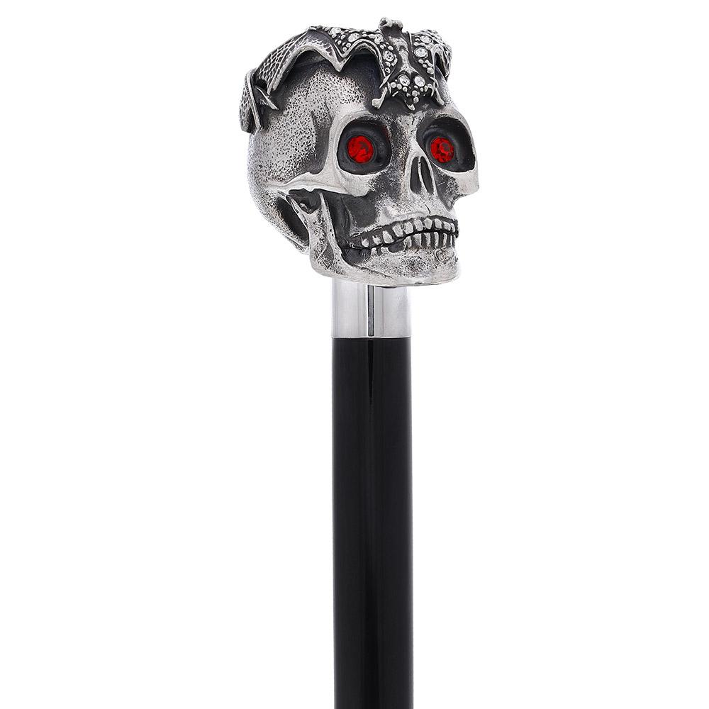 Silver 925r Ruby Red Skull and Bats Walking Cane w/ Black Beechwood Shaft Alpaca Silver Walking Sticks - Tophatter Daily Deals