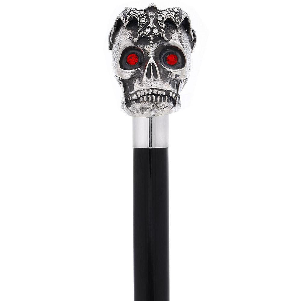 Silver 925r Ruby Red Skull and Bats Walking Cane w/ Black Beechwood Shaft Alpaca Silver Walking Sticks - Tophatter Daily Deals