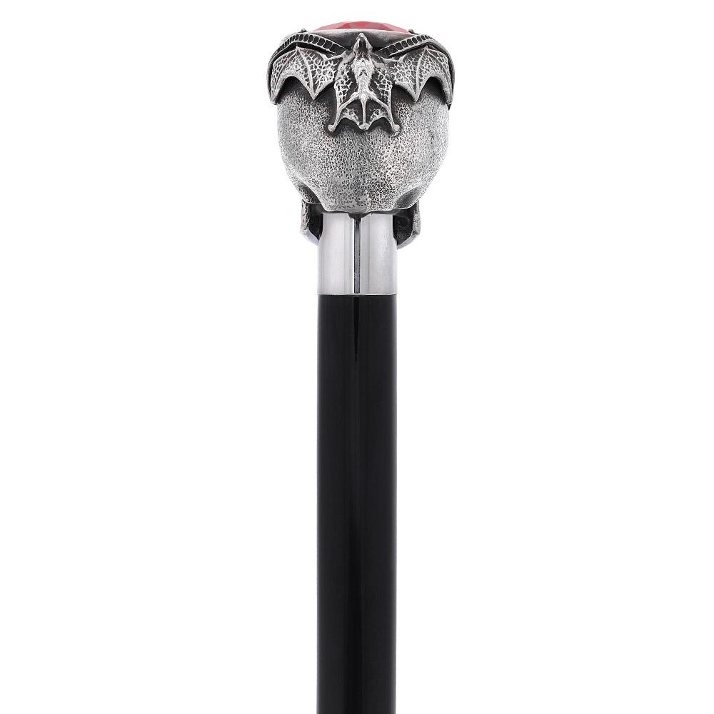 Silver 925r Ruby Red Skull and Bats Walking Cane w/ Black Beechwood Shaft Alpaca Silver Walking Sticks - Tophatter Daily Deals
