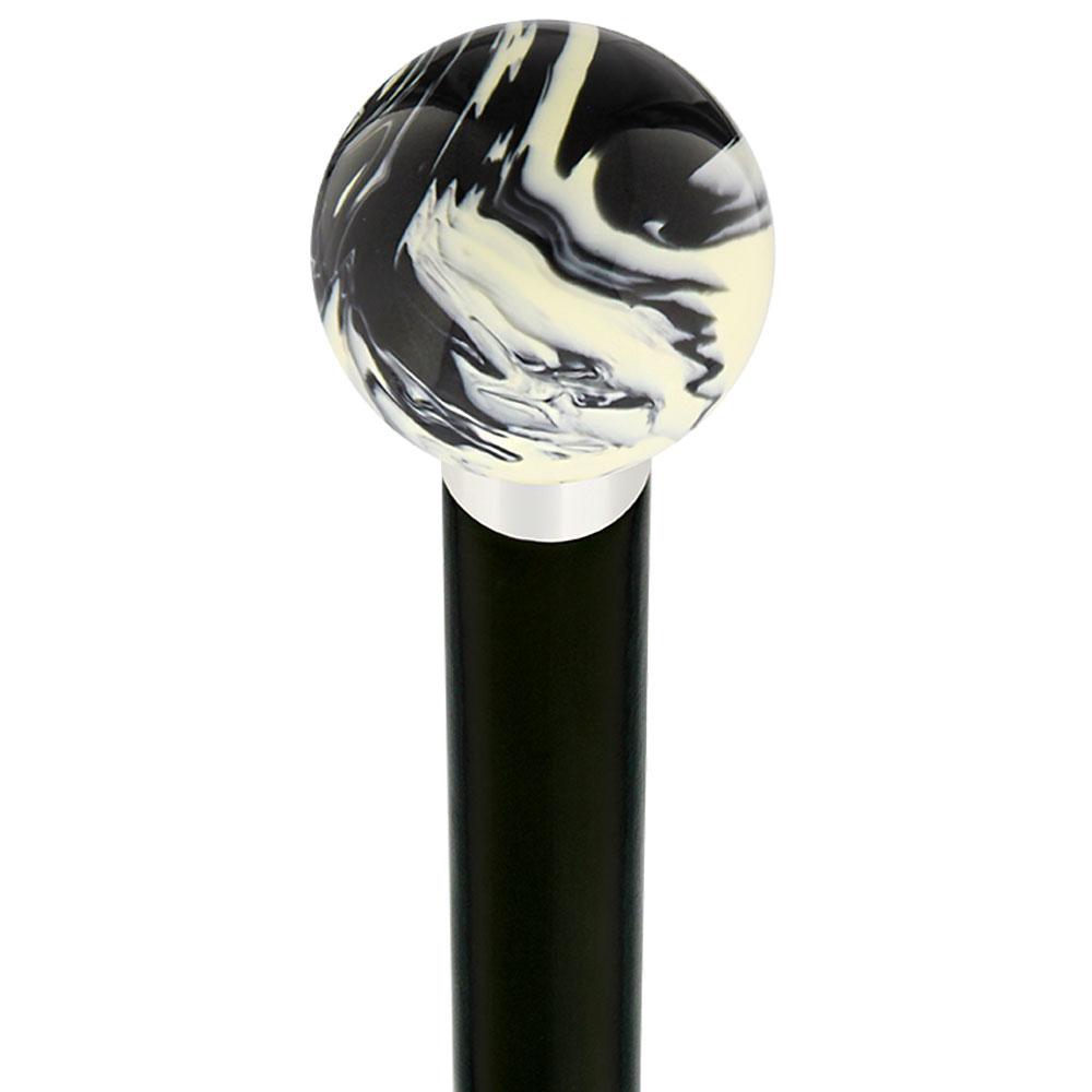 Black & White Cream Swirl Round Knob Cane w/ Custom Wood Shaft & Collar Ball Clock Handle Walking Canes - Tophatter Daily Deals