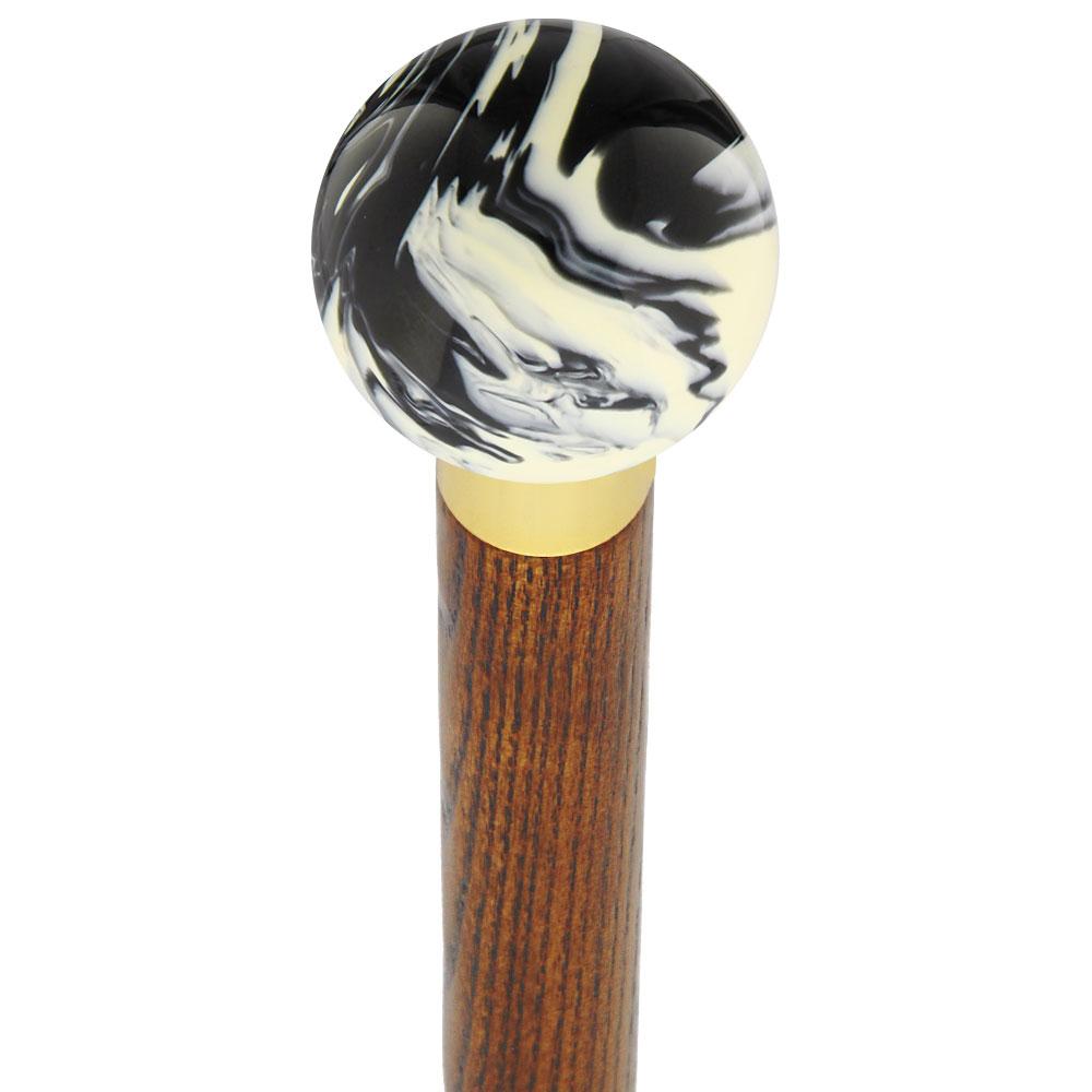 Black & White Cream Swirl Round Knob Cane w/ Custom Wood Shaft & Collar Ball Clock Handle Walking Canes - Tophatter Daily Deals