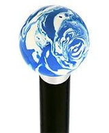 Blue & White Cream Swirl Round Knob Cane w/ Custom Wood Shaft & Collar Ball Clock Handle Walking Canes - Tophatter Daily Deals