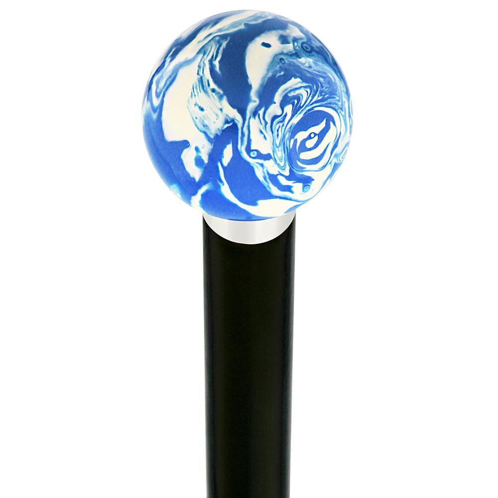 Blue & White Cream Swirl Round Knob Cane w/ Custom Wood Shaft & Collar Ball Clock Handle Walking Canes - Tophatter Daily Deals