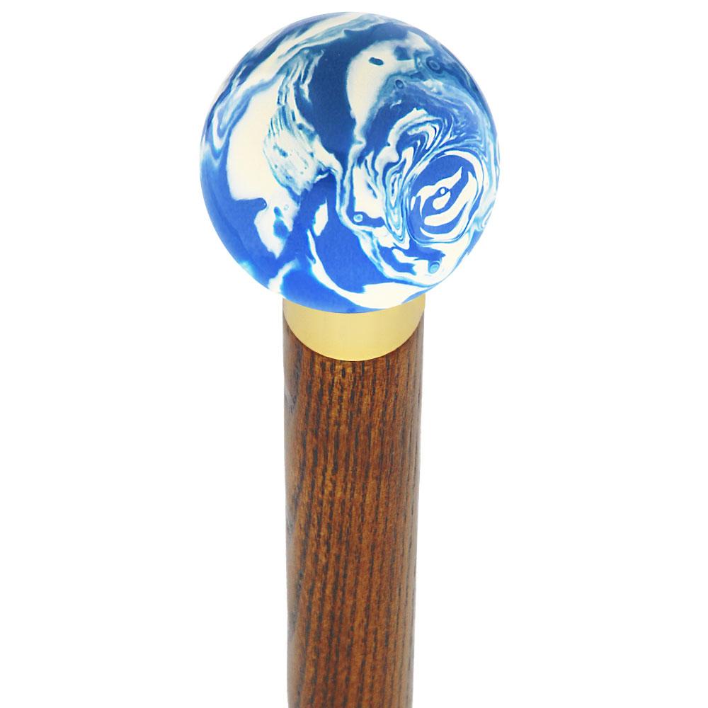 Blue & White Cream Swirl Round Knob Cane w/ Custom Wood Shaft & Collar Ball Clock Handle Walking Canes - Tophatter Daily Deals