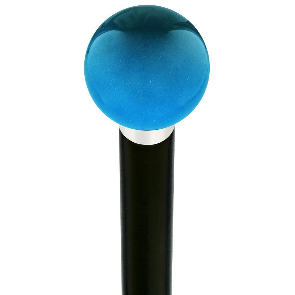 Ocean Blue Metallic Round Knob Cane w/ Custom Wood Shaft & Collar Ball Clock Handle Walking Canes - Tophatter Daily Deals