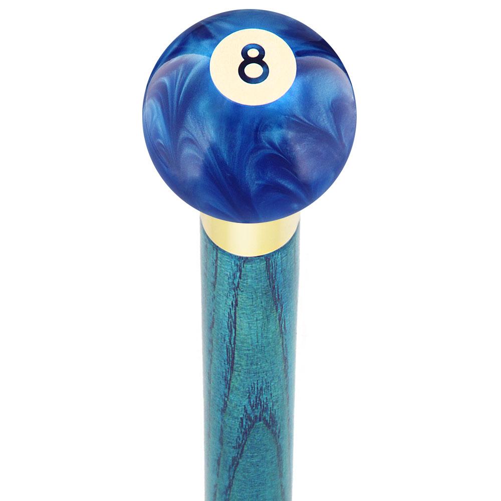 8 Ball Blue Pearl Round Knob Cane w/ Custom Color Ash Shaft & Collar Billiard Walking Sticks - Tophatter Daily Deals