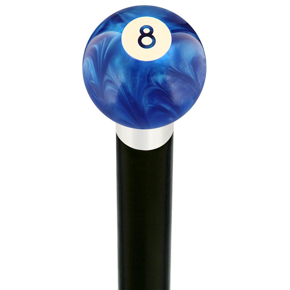 8 Ball Blue Pearl Round Knob Cane w/ Custom Wood Shaft & Collar Billiard Walking Sticks - Tophatter Daily Deals