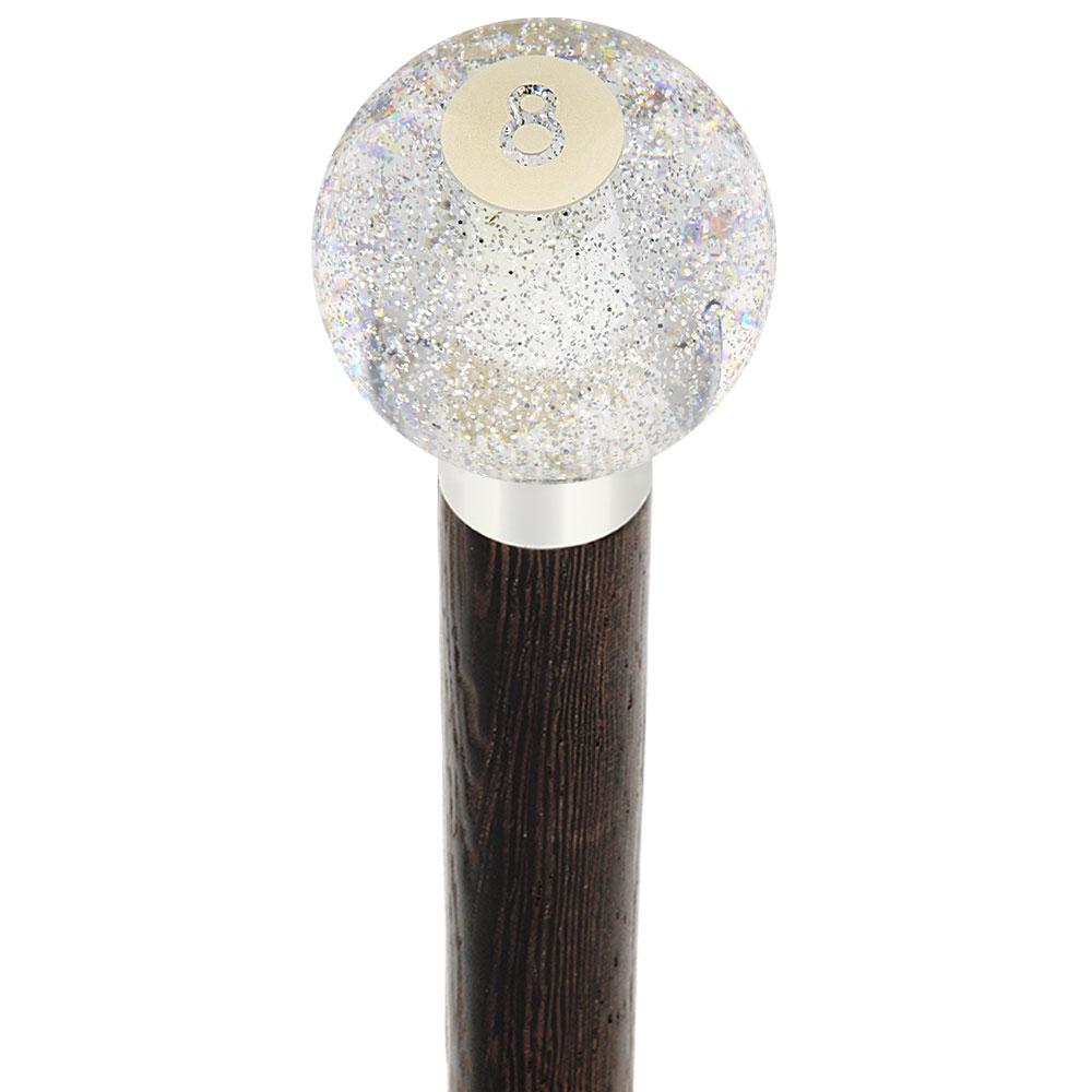 8 Ball Clear Sparkle Round Knob Cane w/ Custom Wood Shaft & Collar Billiard Walking Sticks - Tophatter Daily Deals