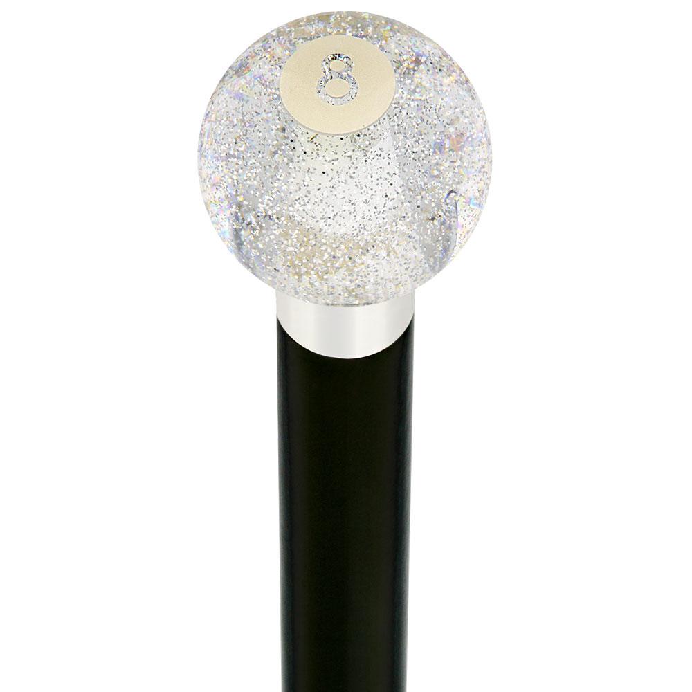 8 Ball Clear Sparkle Round Knob Cane w/ Custom Wood Shaft & Collar Billiard Walking Sticks - Tophatter Daily Deals