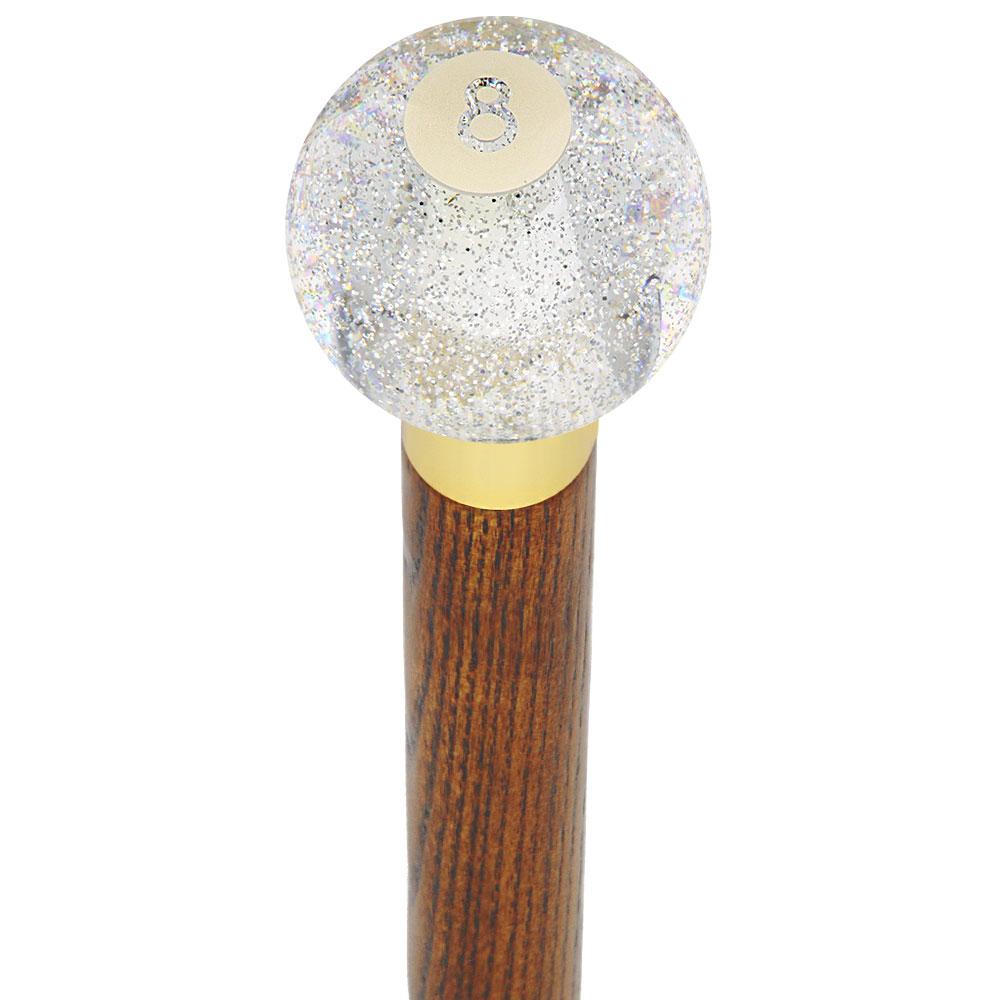 8 Ball Clear Sparkle Round Knob Cane w/ Custom Wood Shaft & Collar Billiard Walking Sticks - Tophatter Daily Deals