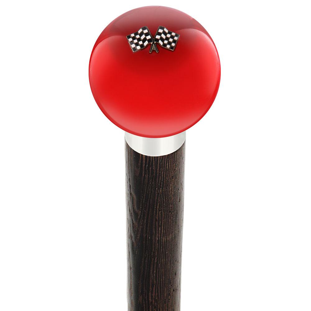 Checkered Racing Flags Red Round Knob Cane w/ Custom Wood Shaft & Collar Car Themed Canes - Tophatter Daily Deals