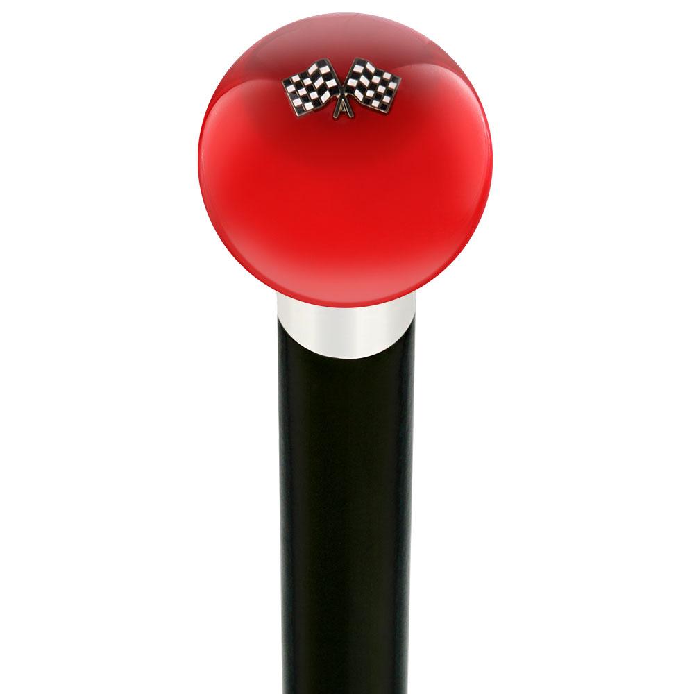 Checkered Racing Flags Red Round Knob Cane w/ Custom Wood Shaft & Collar Car Themed Canes - Tophatter Daily Deals