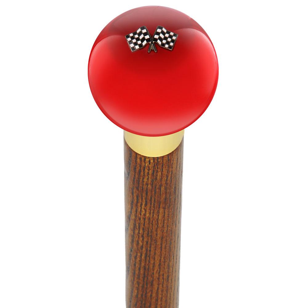 Checkered Racing Flags Red Round Knob Cane w/ Custom Wood Shaft & Collar Car Themed Canes - Tophatter Daily Deals