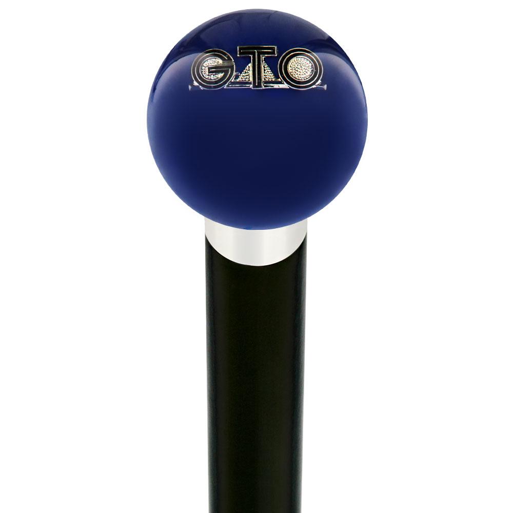 GTO Car Emblem Dark Blue Round Knob Cane w/ Custom Wood Shaft & Collar Car Themed Canes - Tophatter Daily Deals