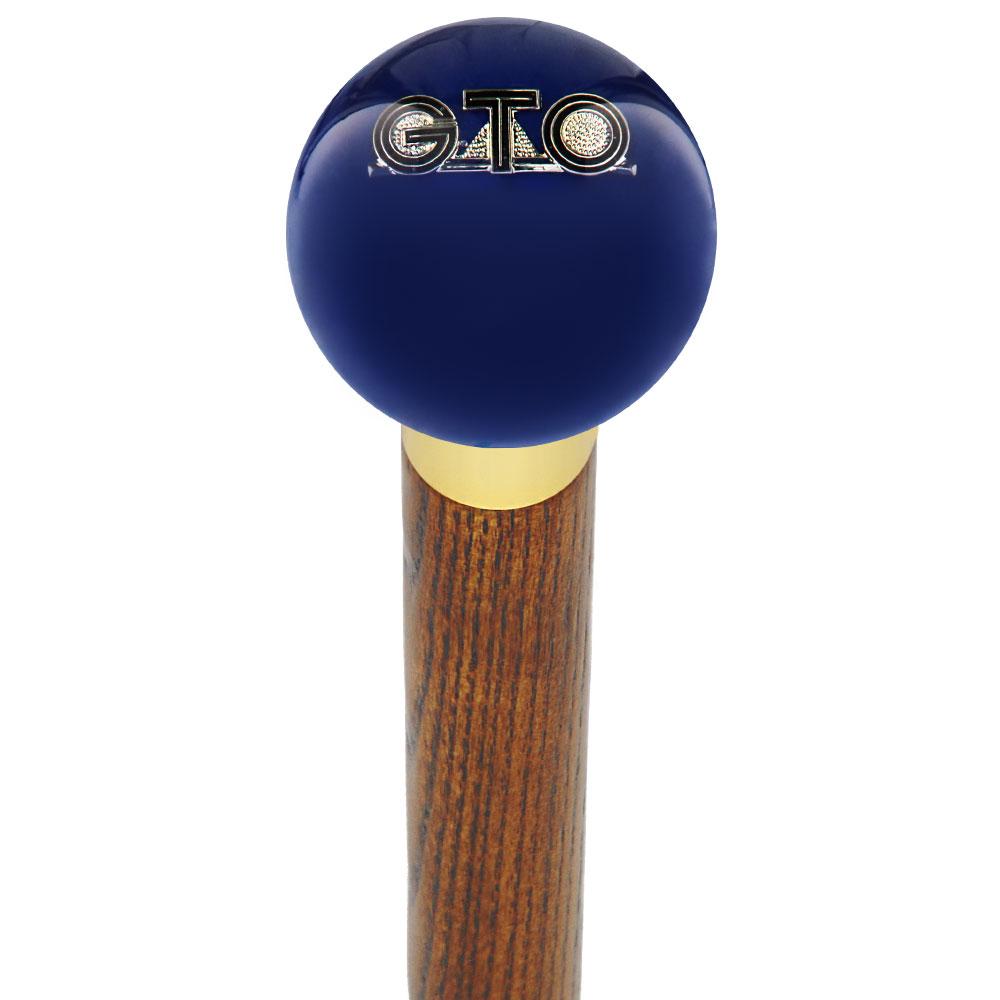 GTO Car Emblem Dark Blue Round Knob Cane w/ Custom Wood Shaft & Collar Car Themed Canes - Tophatter Daily Deals